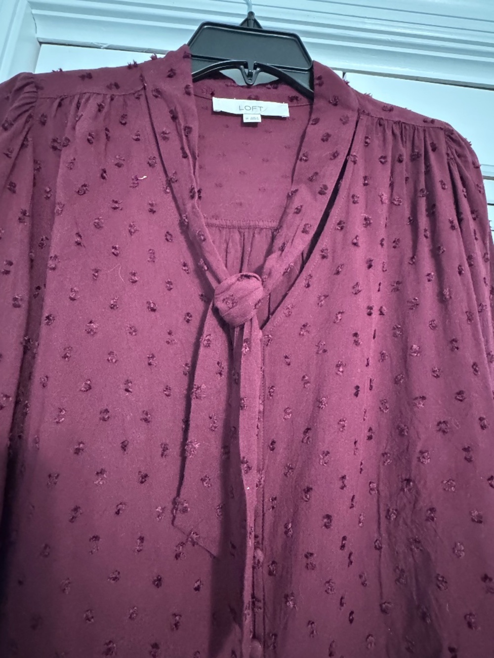 Loft burgundy blouse with v-neck and tie, medium